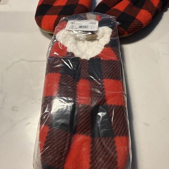 New Fuzzy Babba Men's Slipper Socks Size L/XL (Shoe 10-12) Buffalo Plaid - Picture 2 of 6